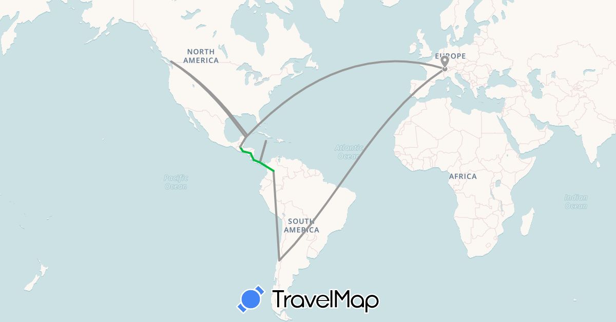 TravelMap itinerary: bus, plane in Canada, Switzerland, Chile, Colombia, Costa Rica, Guatemala, Jamaica, Mexico, Nicaragua, Panama, El Salvador (Europe, North America, South America)
